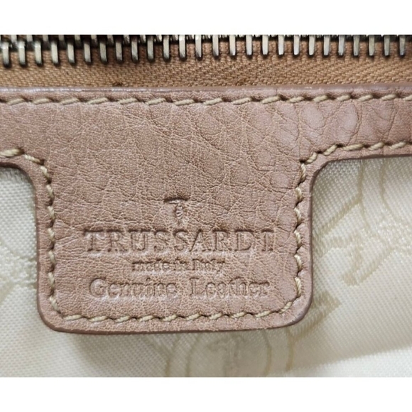 TRUSSARDI Beige Leather Baguette Clip Shopper Shoulder Push Lock Handbag Womens - Picture 7 of 16